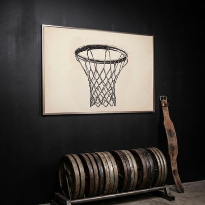 Basketball Hoop Line Art Canvas in silver floating frame
