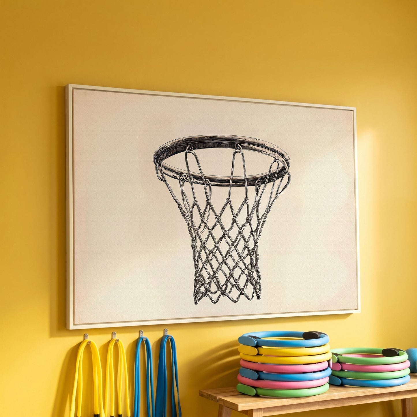 Basketball Hoop Line Art Canvas in white floating frame