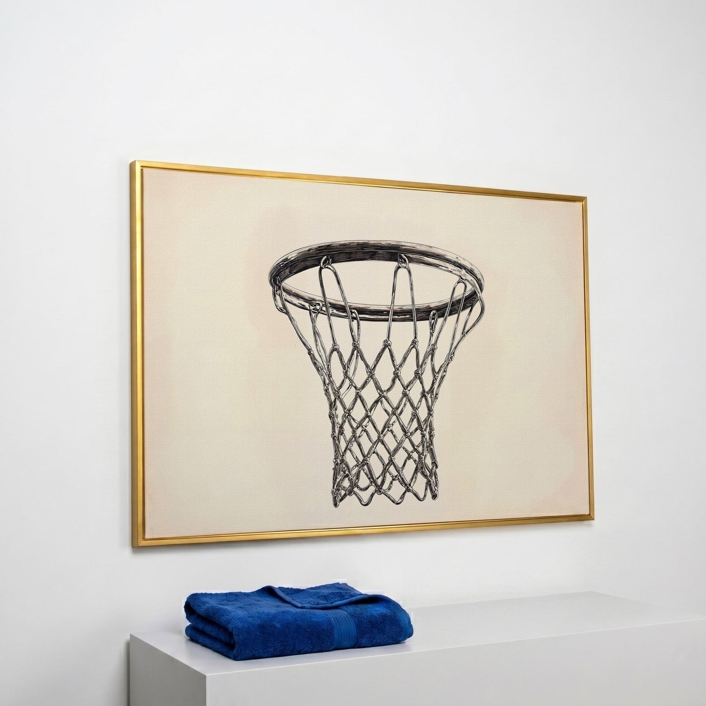Basketball Hoop Line Art Canvas in yellow gold floating frame