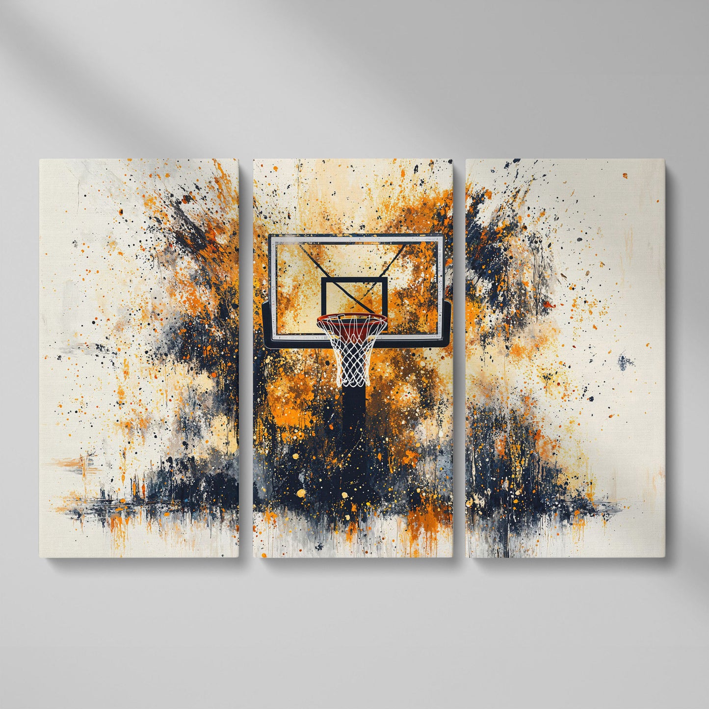 Basketball Hoop Canvas Print with Orange Splatter Design as 3-panel split version