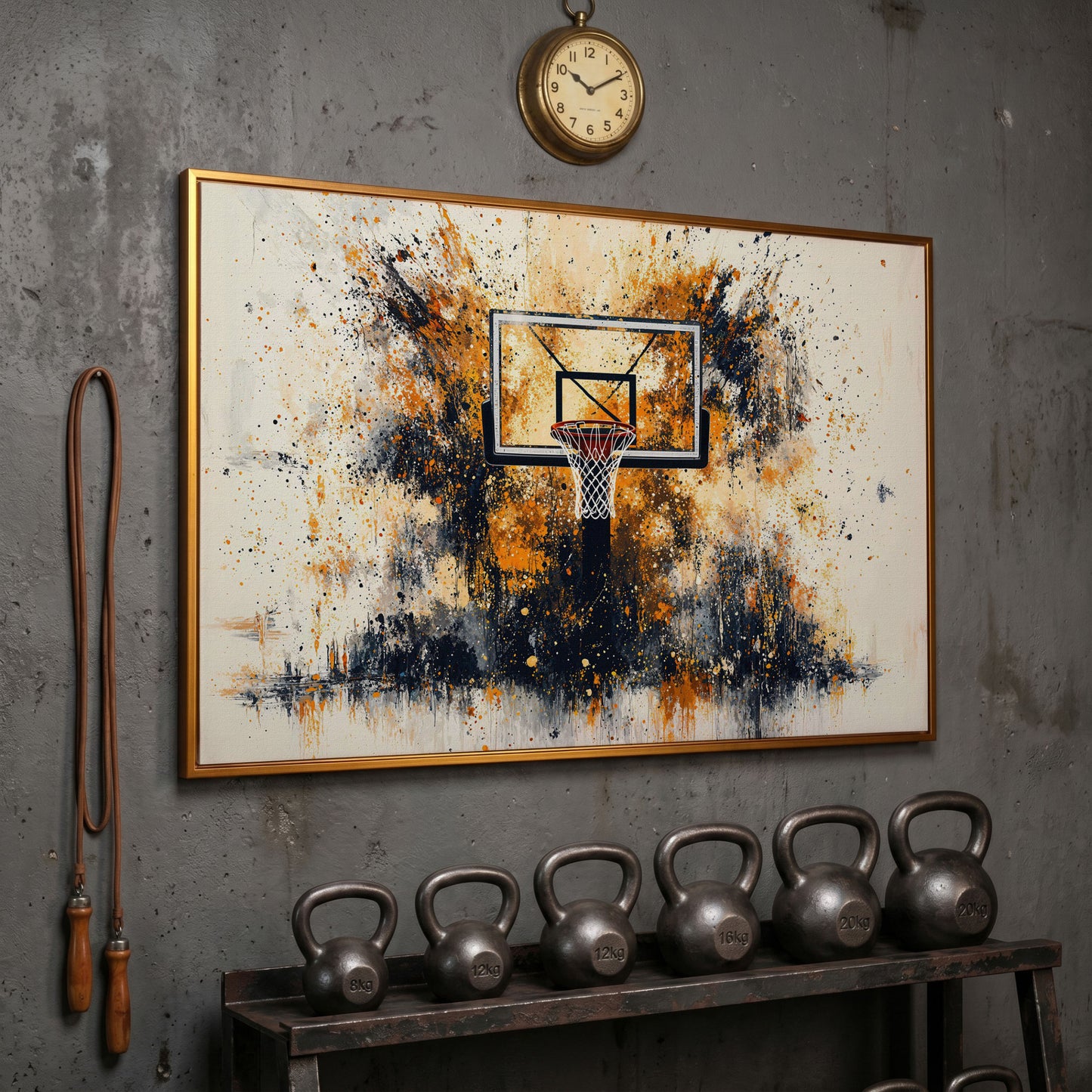 Basketball Hoop Canvas Print with Orange Splatter Design in antique gold floating frame