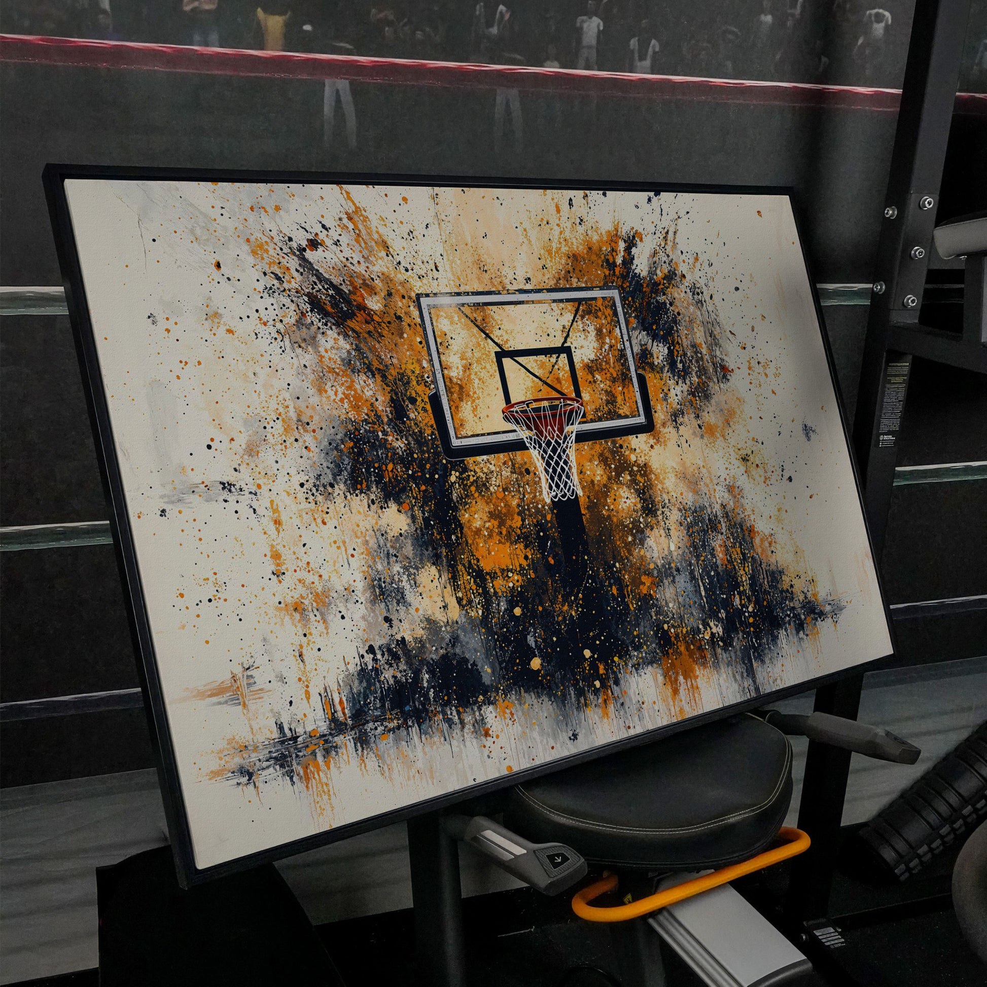 Basketball Hoop Canvas Print with Orange Splatter Design in black floating frame