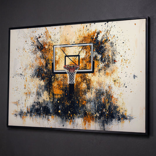 Basketball Hoop Canvas Print with Orange Splatter Design shown in black floating frame