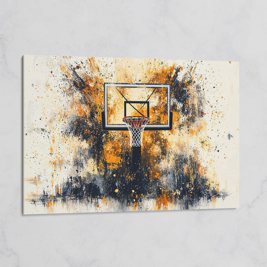 Basketball Hoop Canvas Print with Orange Splatter Design on gallery wrap