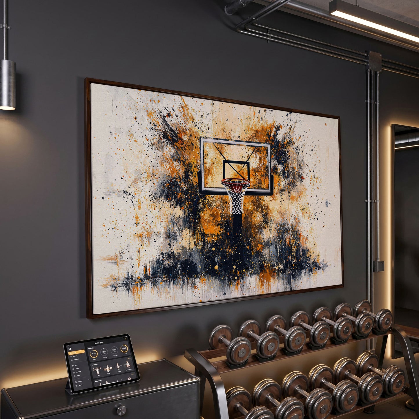 Basketball Hoop Canvas Print with Orange Splatter Design in dark walnut floating frame