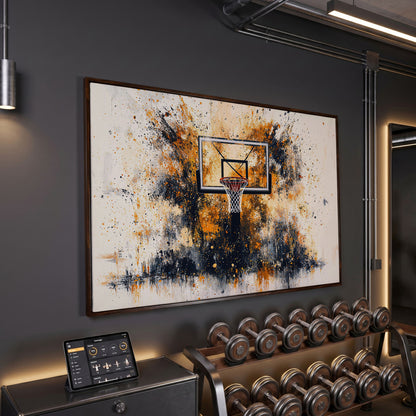 Basketball Hoop Canvas Print with Orange Splatter Design in dark walnut floating frame