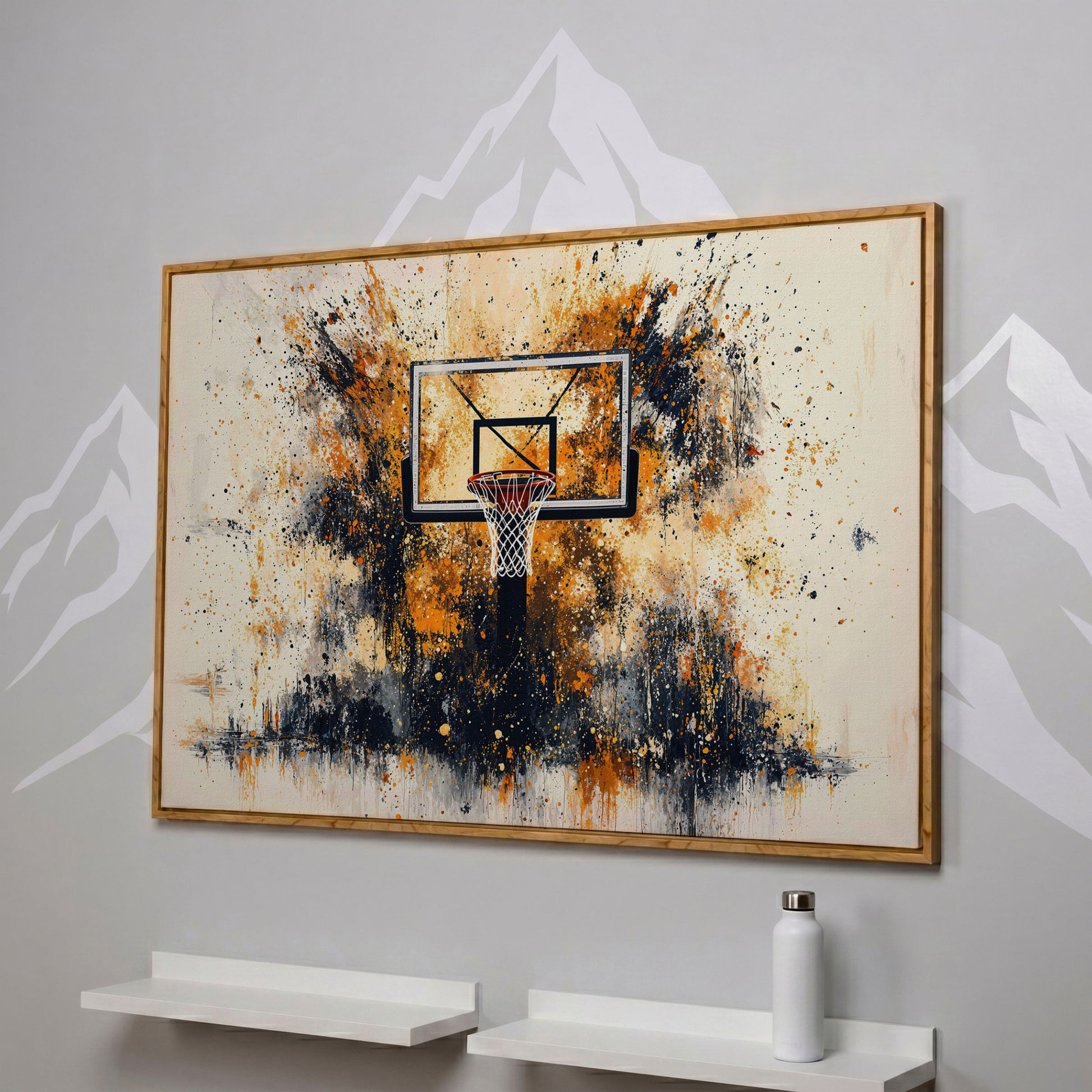 Basketball Hoop Canvas Print with Orange Splatter Design in white oak floating frame