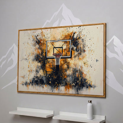 Basketball Hoop Canvas Print with Orange Splatter Design in white oak floating frame