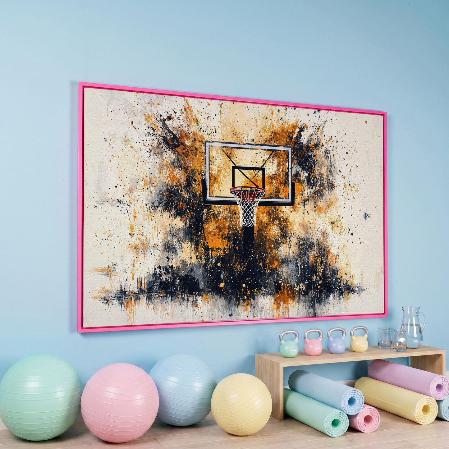 Basketball Hoop Canvas Print with Orange Splatter Design in pink floating frame