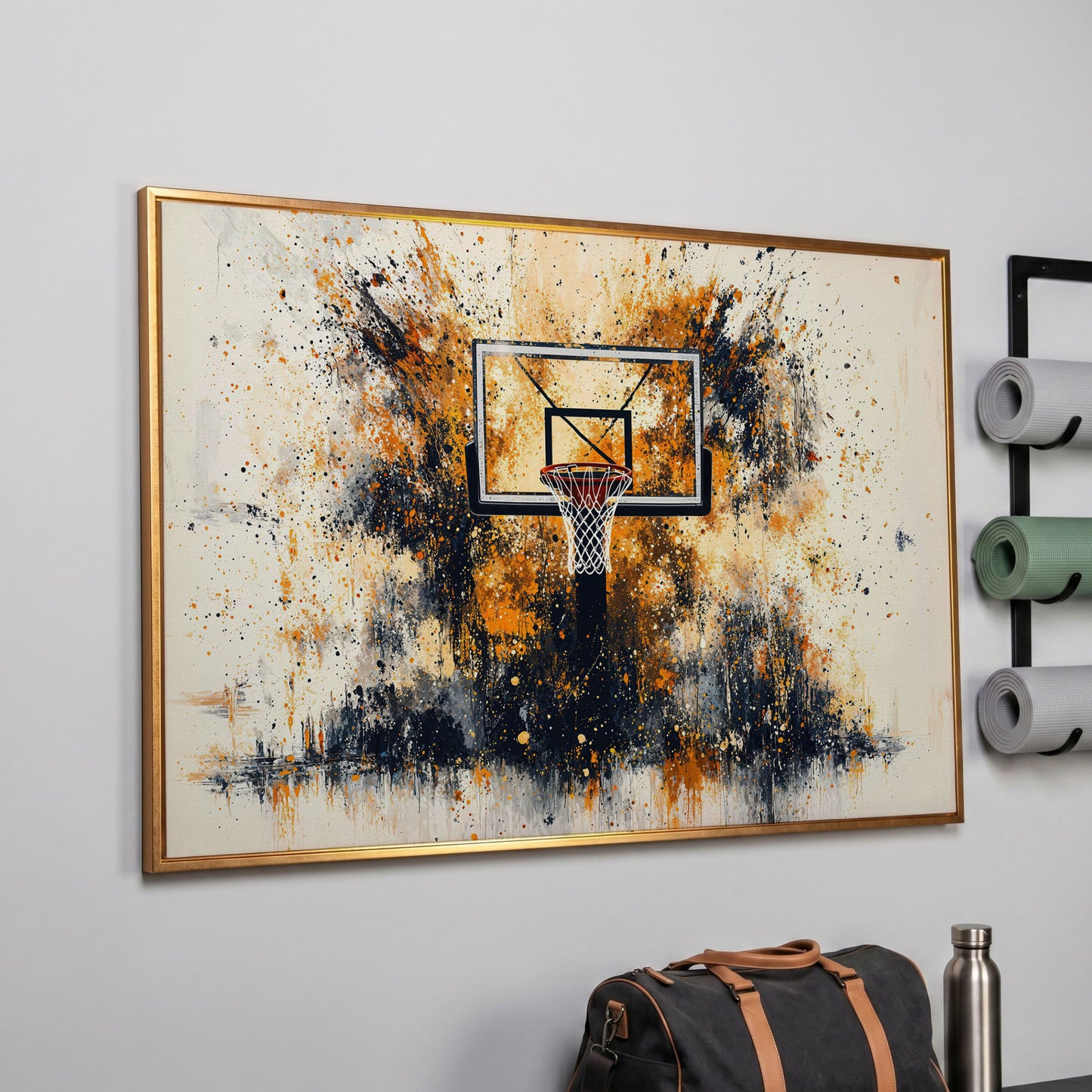 Basketball Hoop Canvas Print with Orange Splatter Design in rose gold floating frame