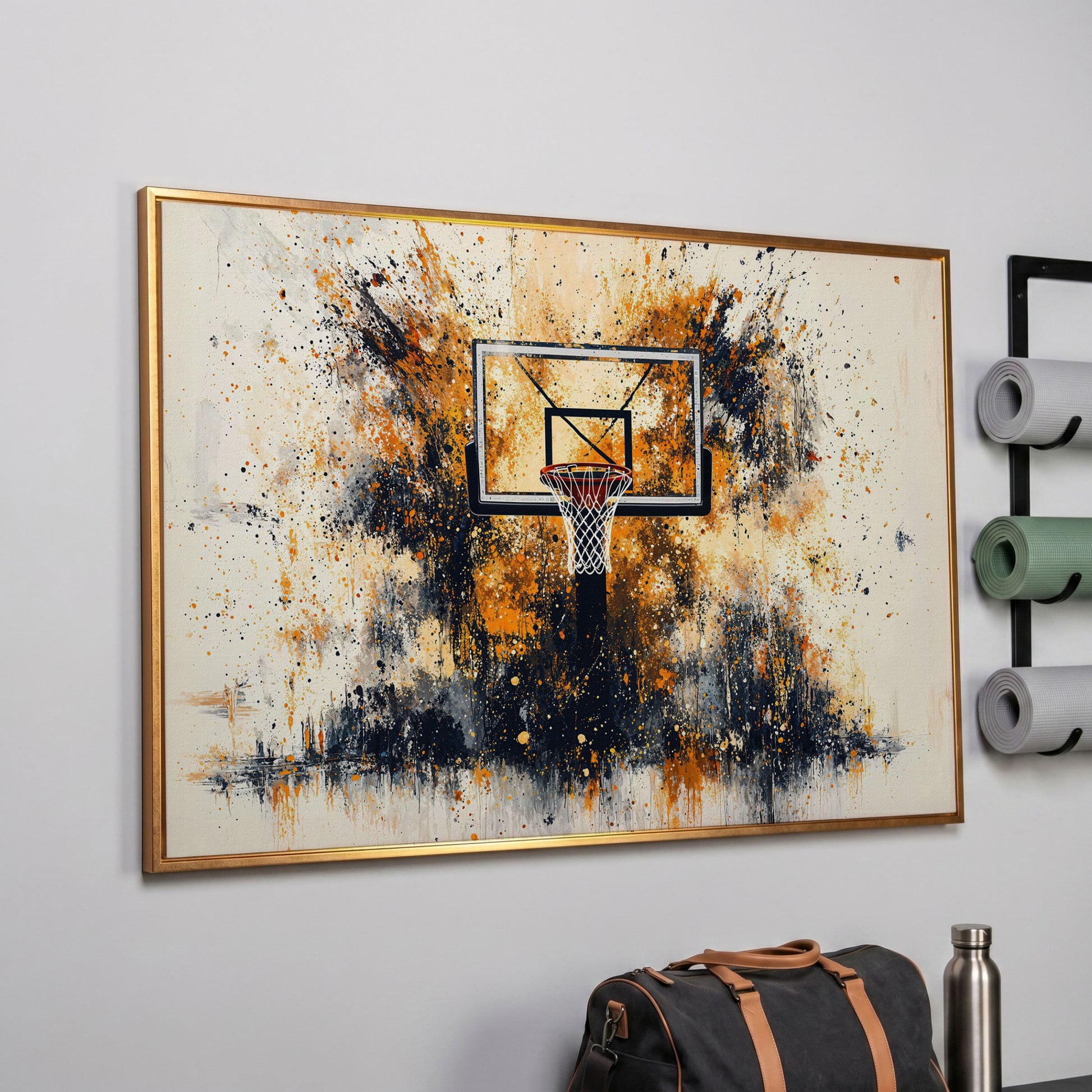 Basketball Hoop Canvas Print with Orange Splatter Design in rose gold floating frame