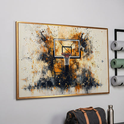 Basketball Hoop Canvas Print with Orange Splatter Design in rose gold floating frame