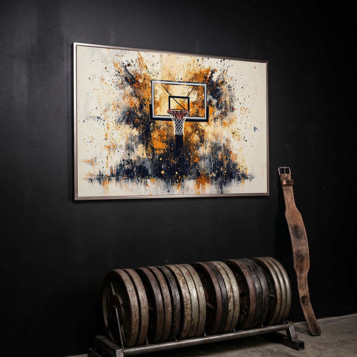 Basketball Hoop Canvas Print with Orange Splatter Design in silver floating frame