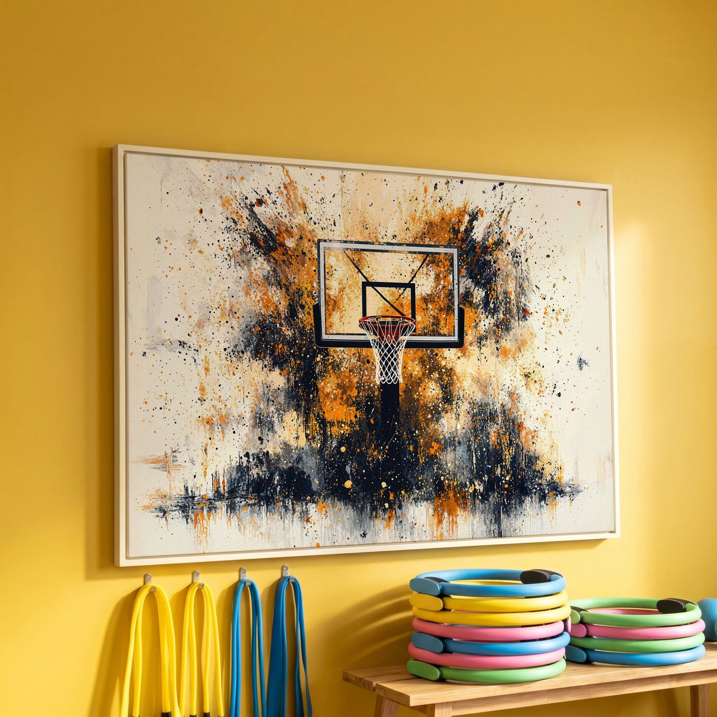 Basketball Hoop Canvas Print with Orange Splatter Design in white floating frame