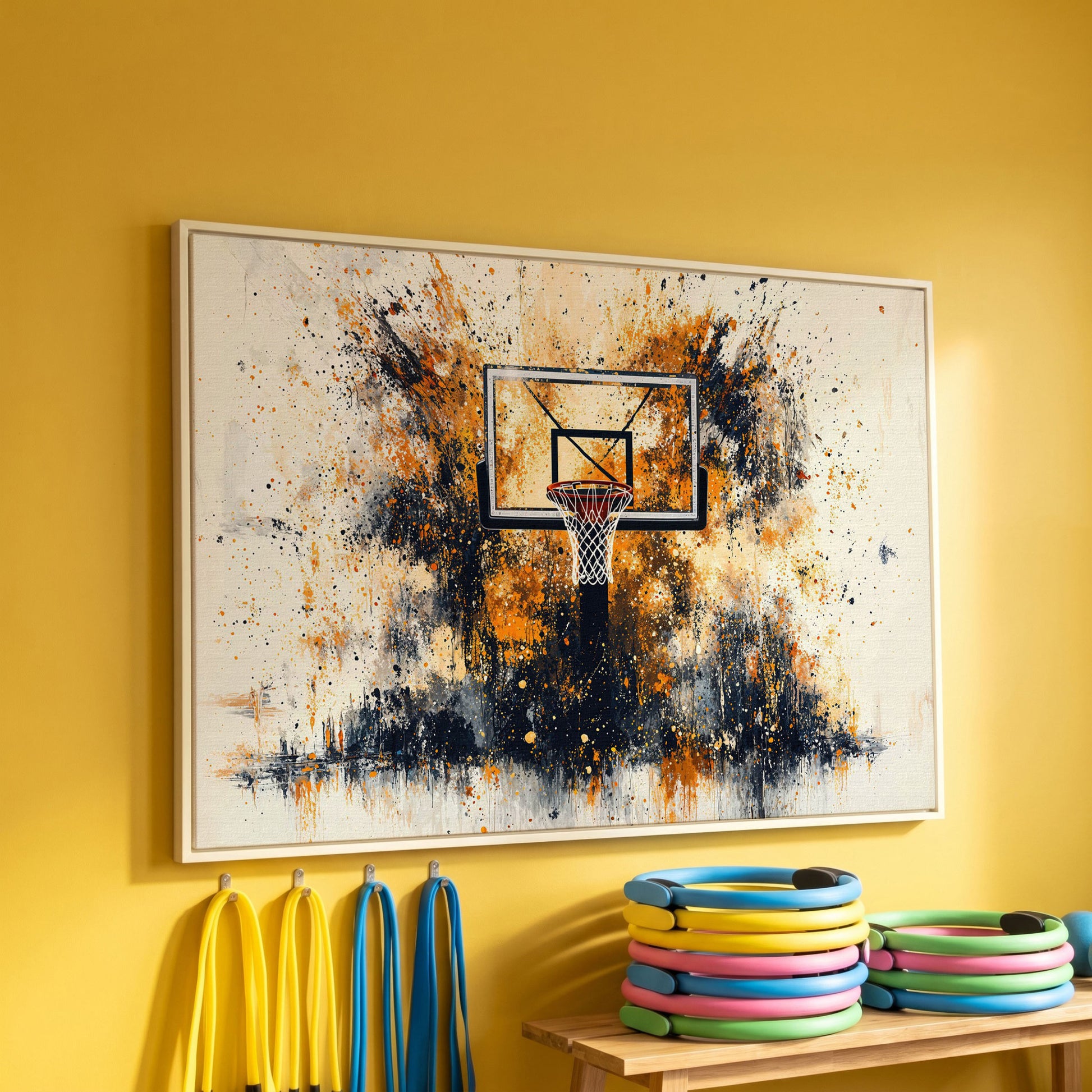 Basketball Hoop Canvas Print with Orange Splatter Design in white floating frame
