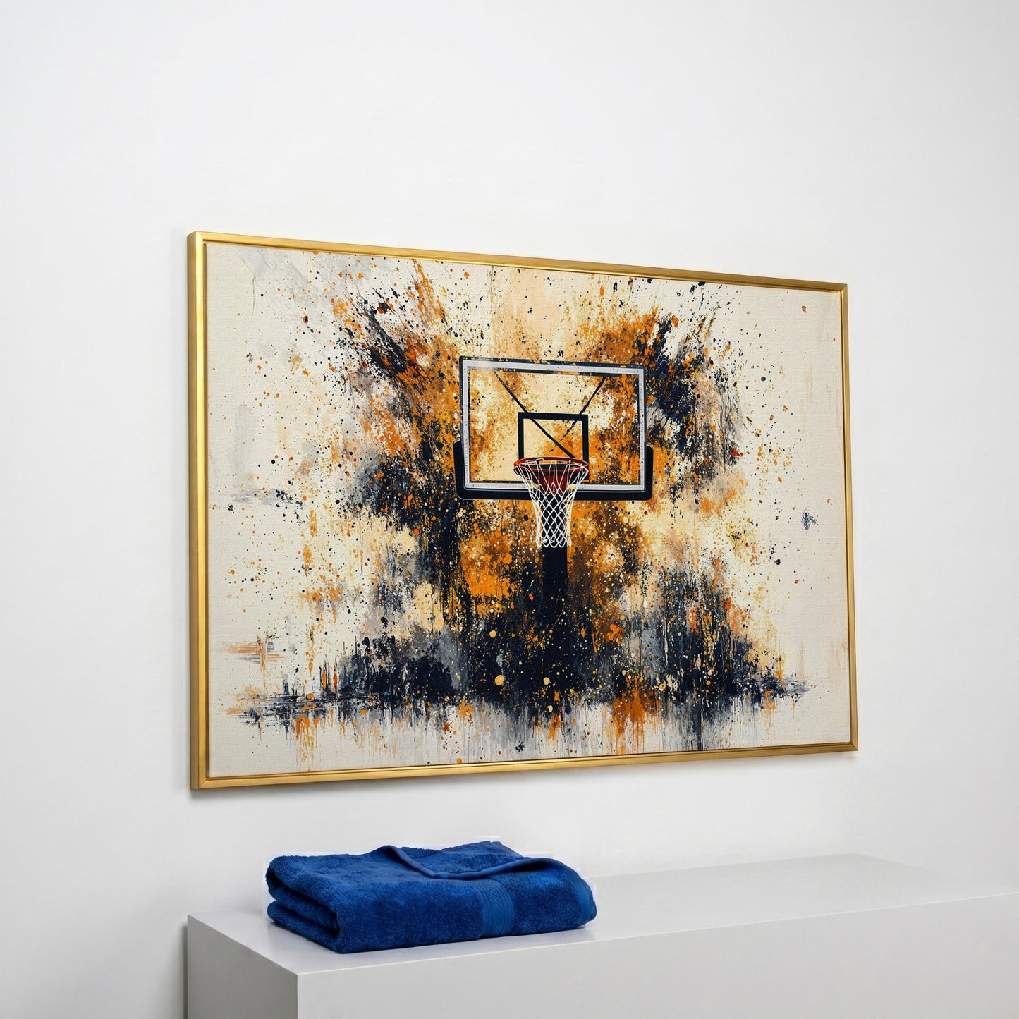Basketball Hoop Canvas Print with Orange Splatter Design in yellow gold floating frame