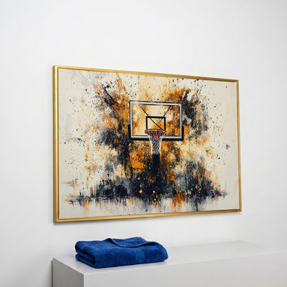 Basketball Hoop Canvas Print with Orange Splatter Design in yellow gold floating frame
