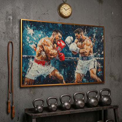 Dynamic Boxing Scene Canvas Print for Gym in antique gold floating frame
