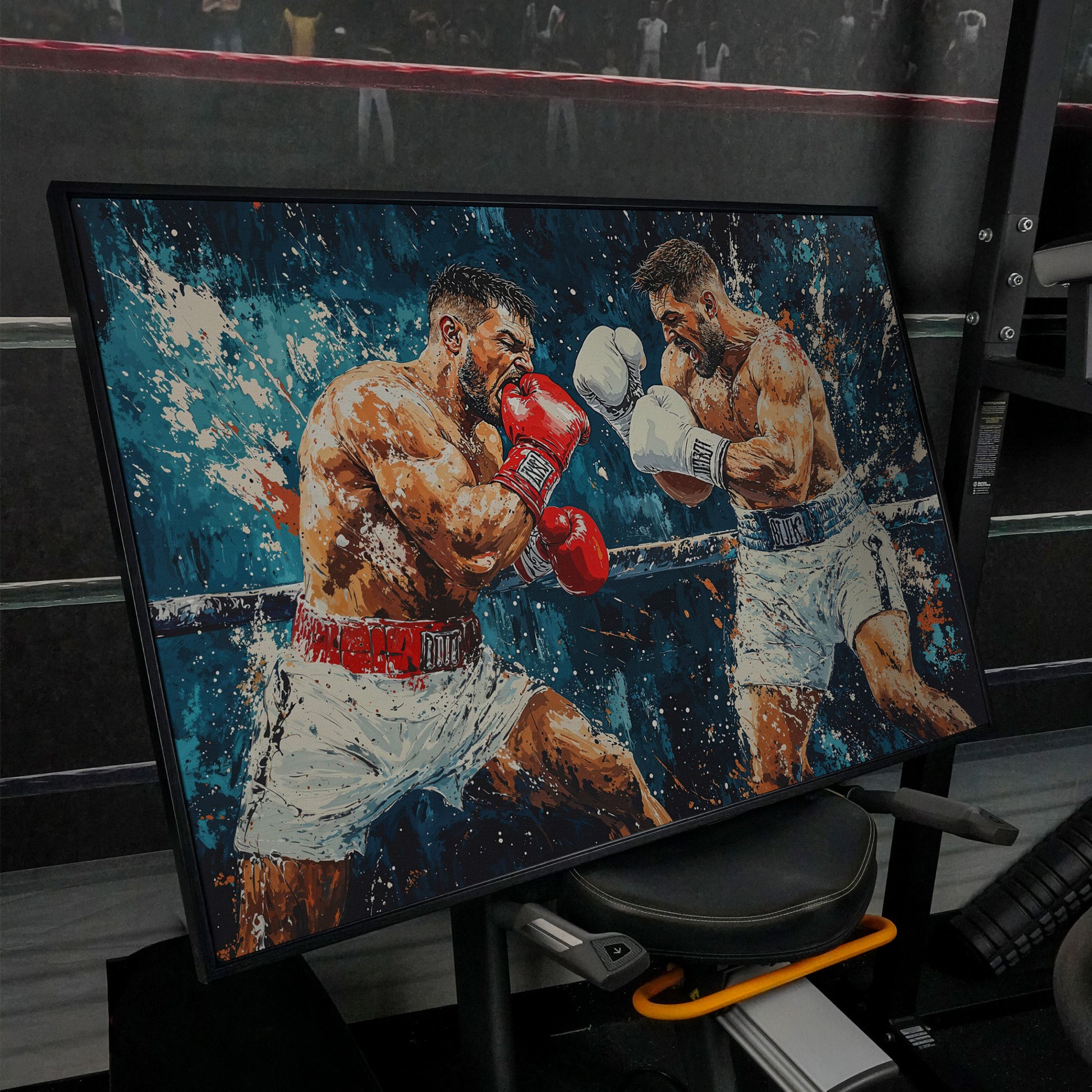 Dynamic Boxing Scene Canvas Print for Gym in black floating frame