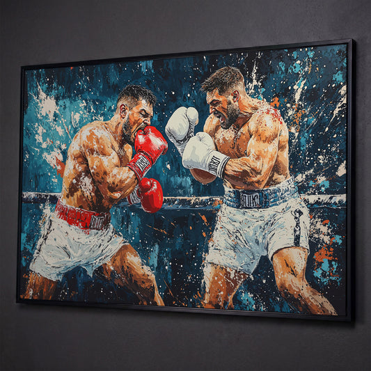 Dynamic Boxing Scene Canvas Print for Gym shown in black floating frame