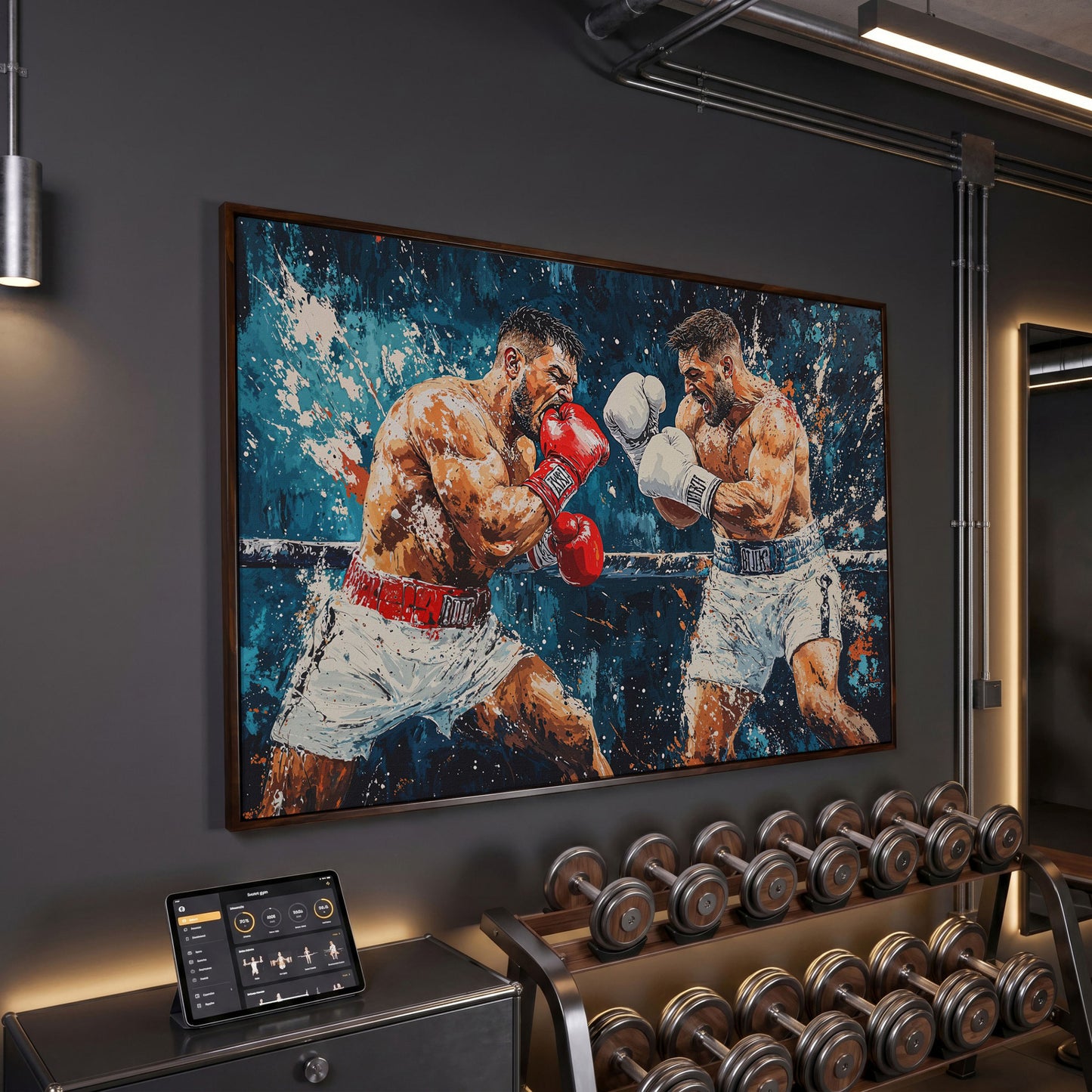 Dynamic Boxing Scene Canvas Print for Gym in dark walnut floating frame