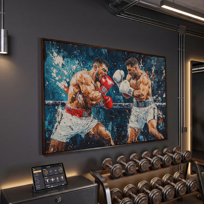 Dynamic Boxing Scene Canvas Print for Gym in dark walnut floating frame