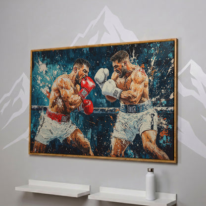 Dynamic Boxing Scene Canvas Print for Gym in white oak floating frame