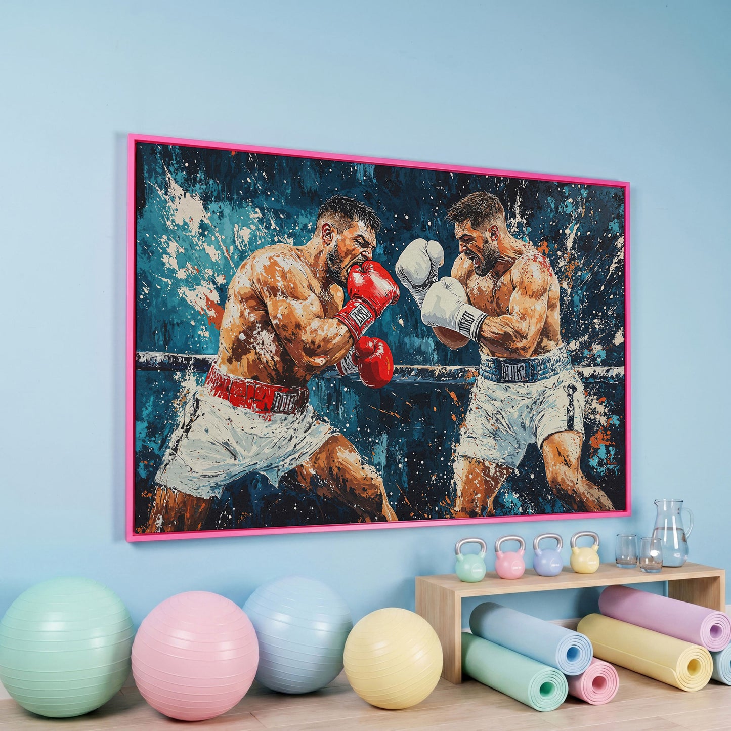 Dynamic Boxing Scene Canvas Print for Gym in pink floating frame