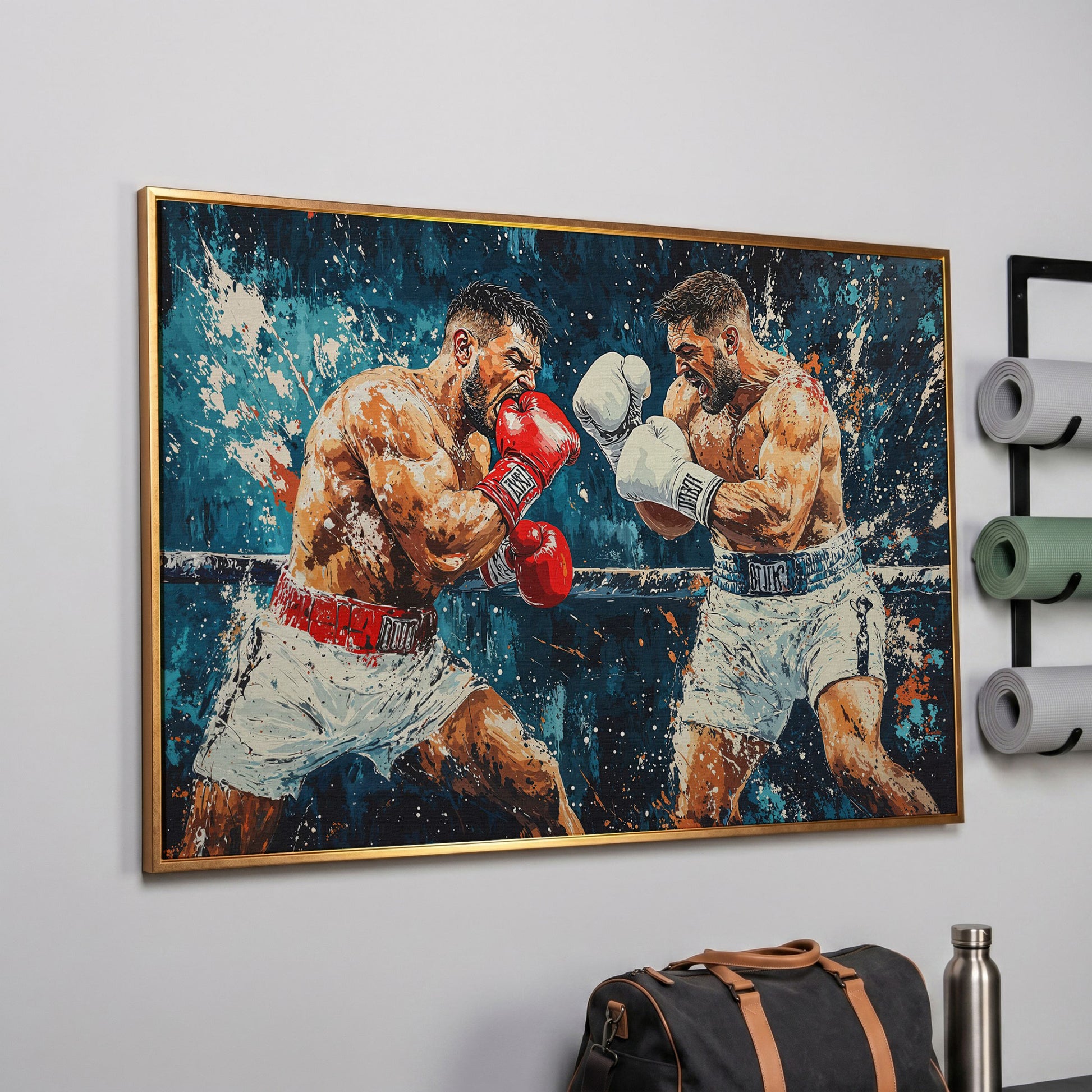 Dynamic Boxing Scene Canvas Print for Gym in rose gold floating frame