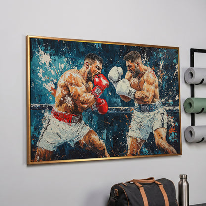 Dynamic Boxing Scene Canvas Print for Gym in rose gold floating frame
