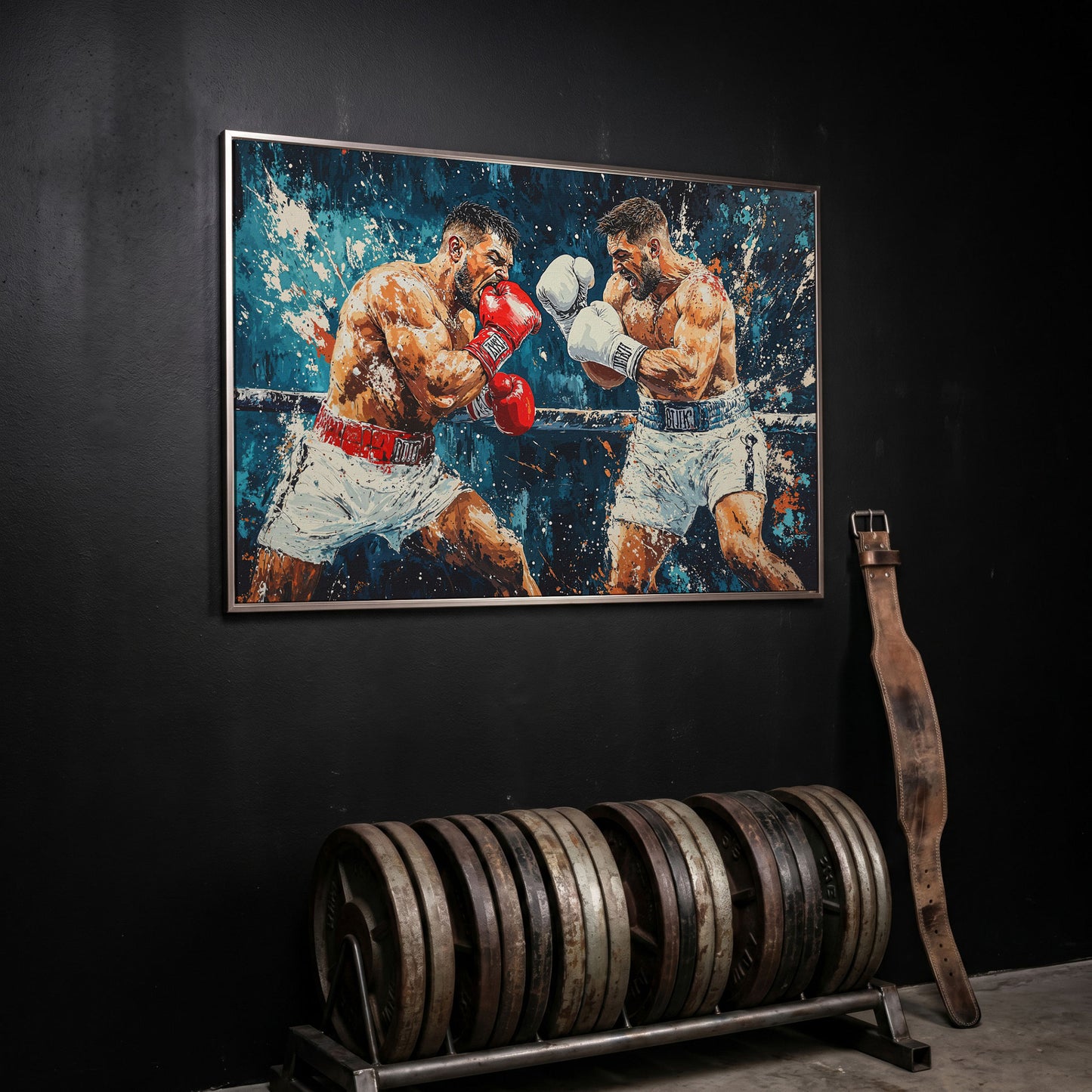 Dynamic Boxing Scene Canvas Print for Gym in silver floating frame