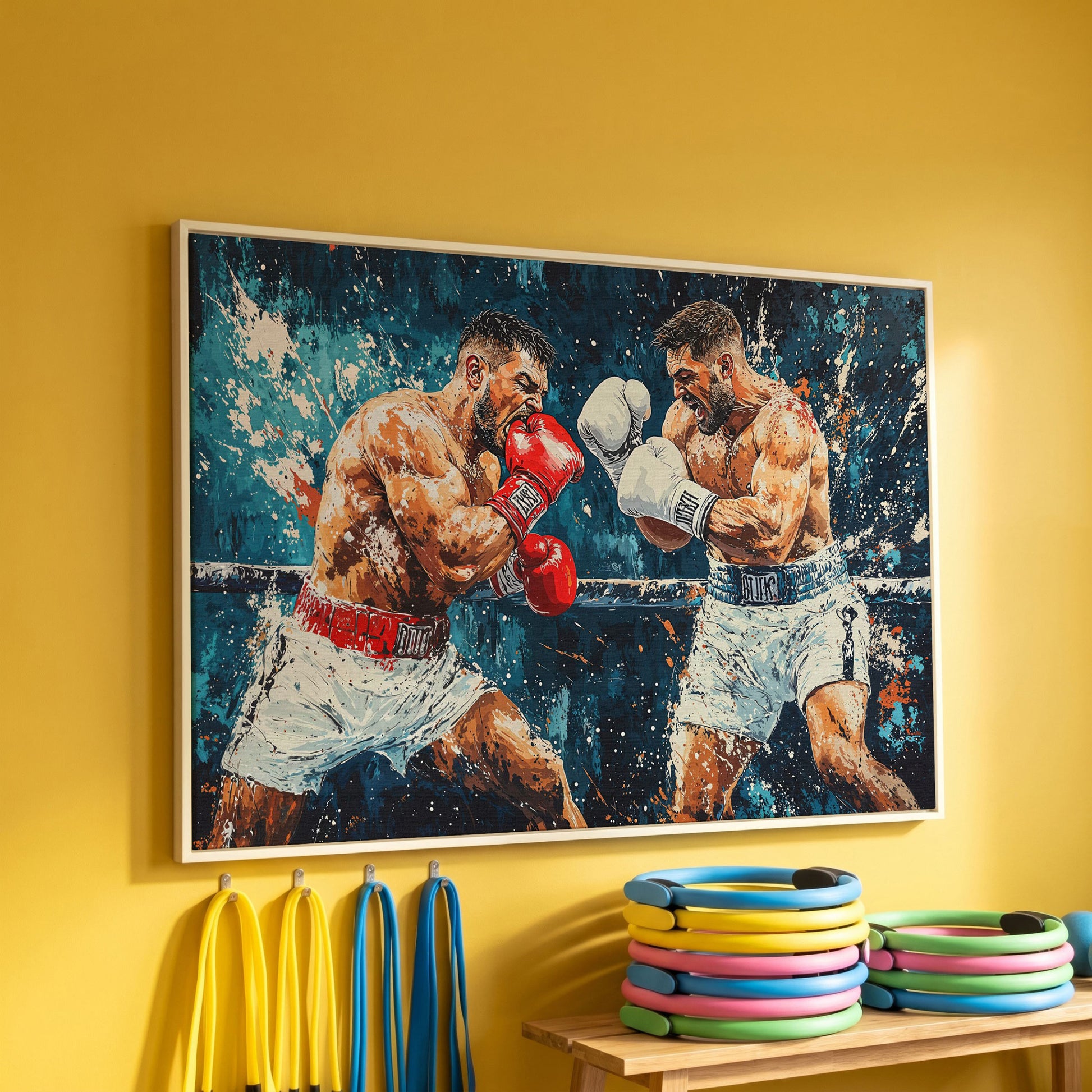 Dynamic Boxing Scene Canvas Print for Gym in white floating frame