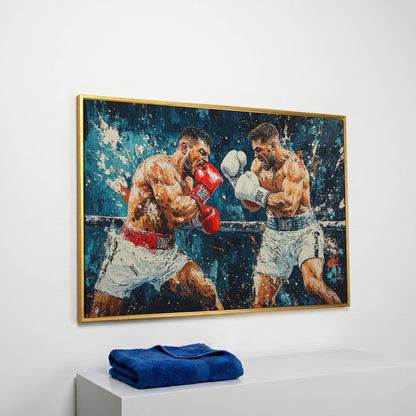 Dynamic Boxing Scene Canvas Print for Gym in yellow gold floating frame