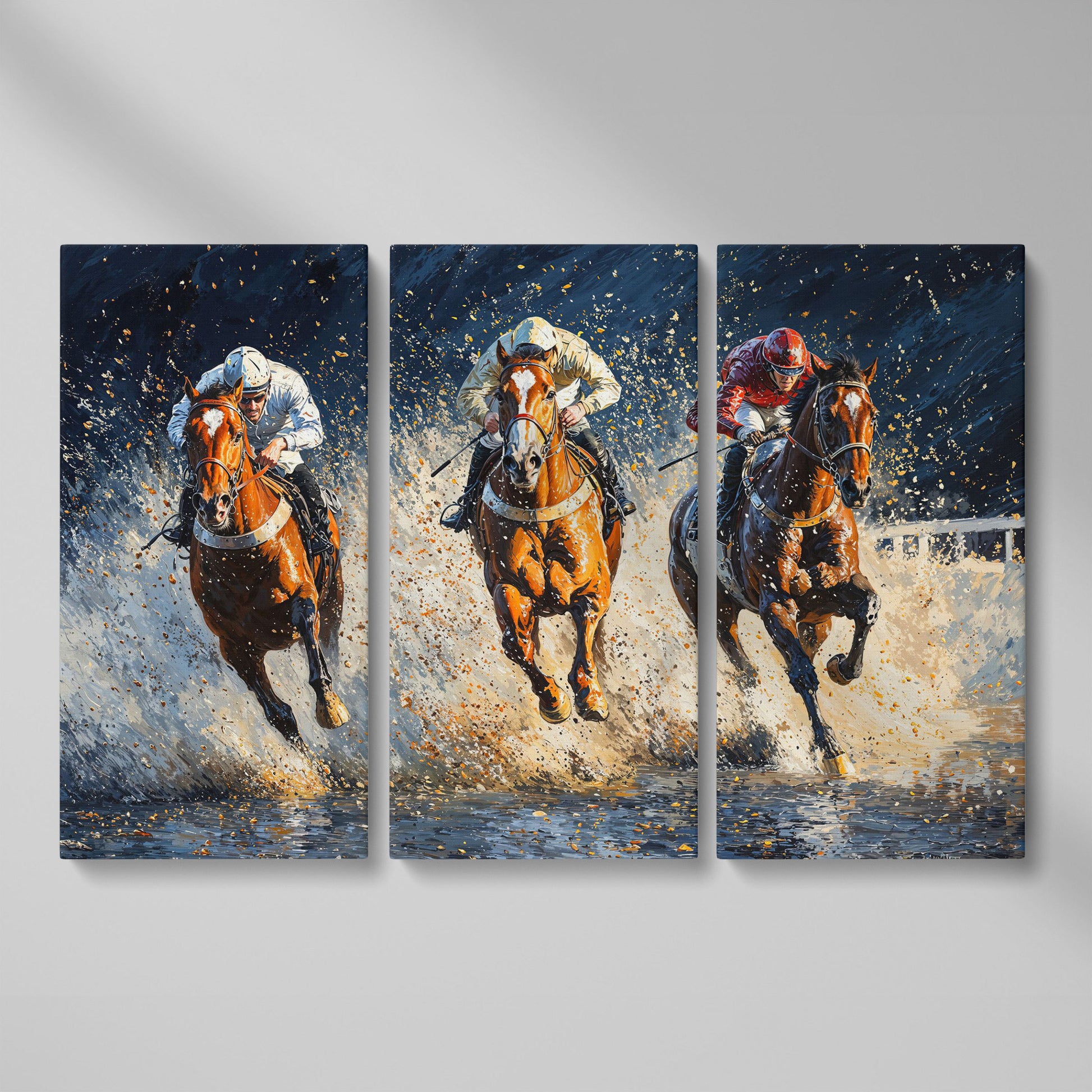 Galloping Horses with Racing Jockeys Canvas Print as 3-panel split version