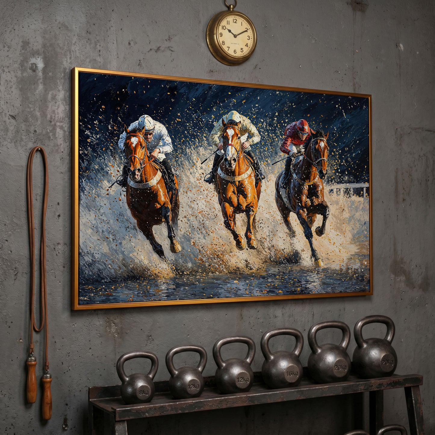 Galloping Horses with Racing Jockeys Canvas Print in antique gold floating frame