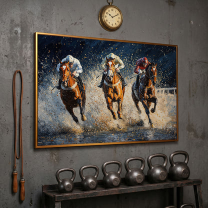 Galloping Horses with Racing Jockeys Canvas Print in antique gold floating frame