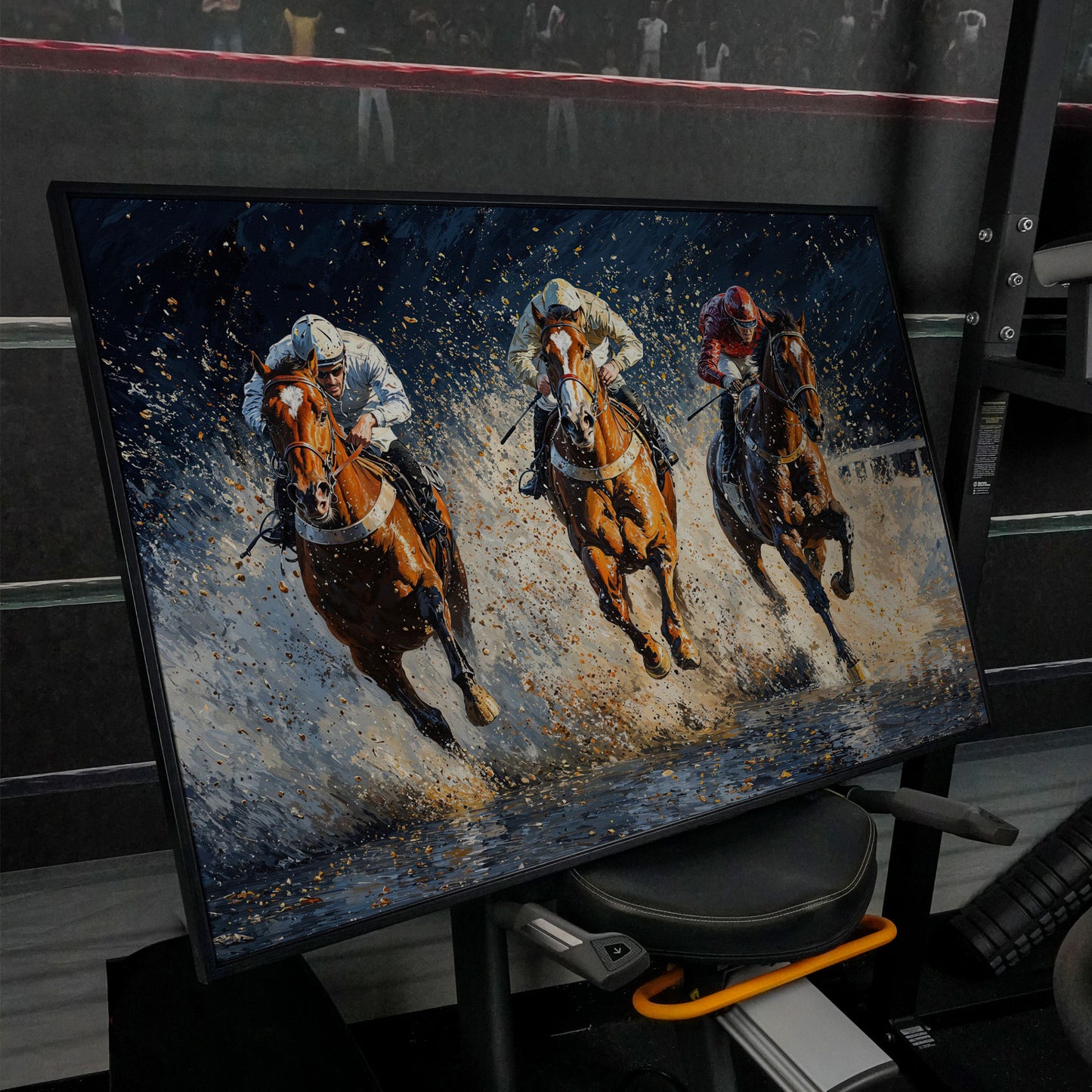 Galloping Horses with Racing Jockeys Canvas Print in black floating frame