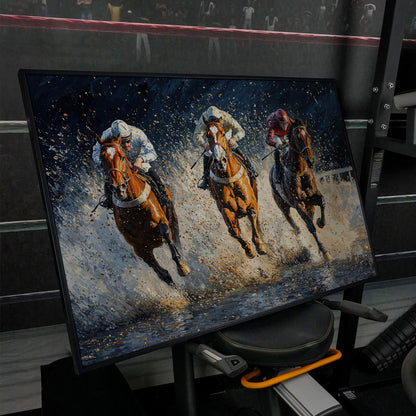 Galloping Horses with Racing Jockeys Canvas Print in black floating frame