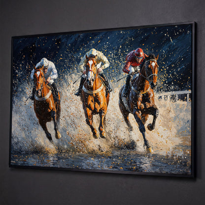 Galloping Horses with Racing Jockeys Canvas Print shown in black floating frame
