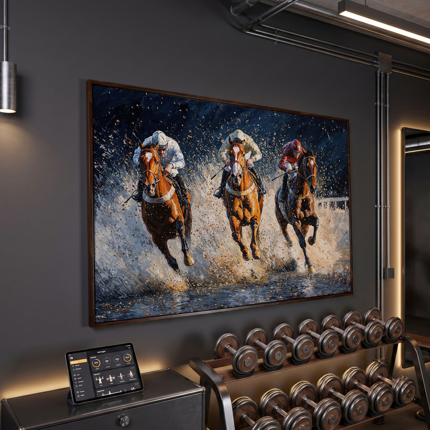Galloping Horses with Racing Jockeys Canvas Print in dark walnut floating frame