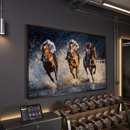 Galloping Horses with Racing Jockeys Canvas Print in dark walnut floating frame