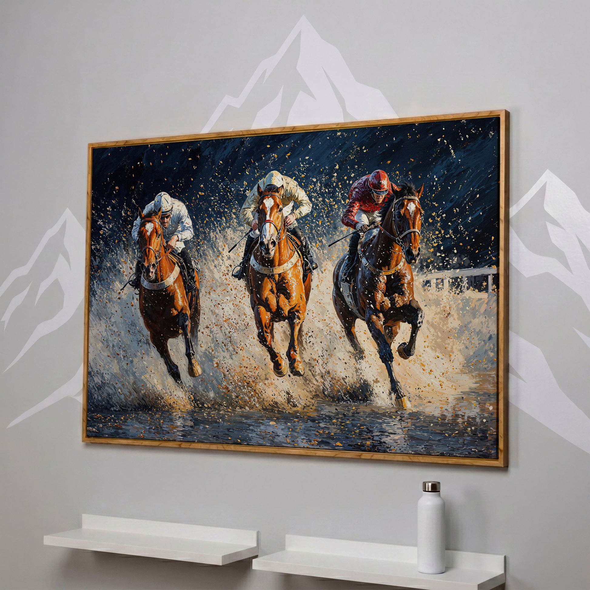 Galloping Horses with Racing Jockeys Canvas Print in white oak floating frame