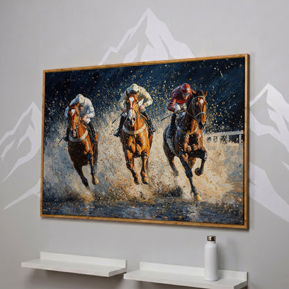 Galloping Horses with Racing Jockeys Canvas Print in white oak floating frame