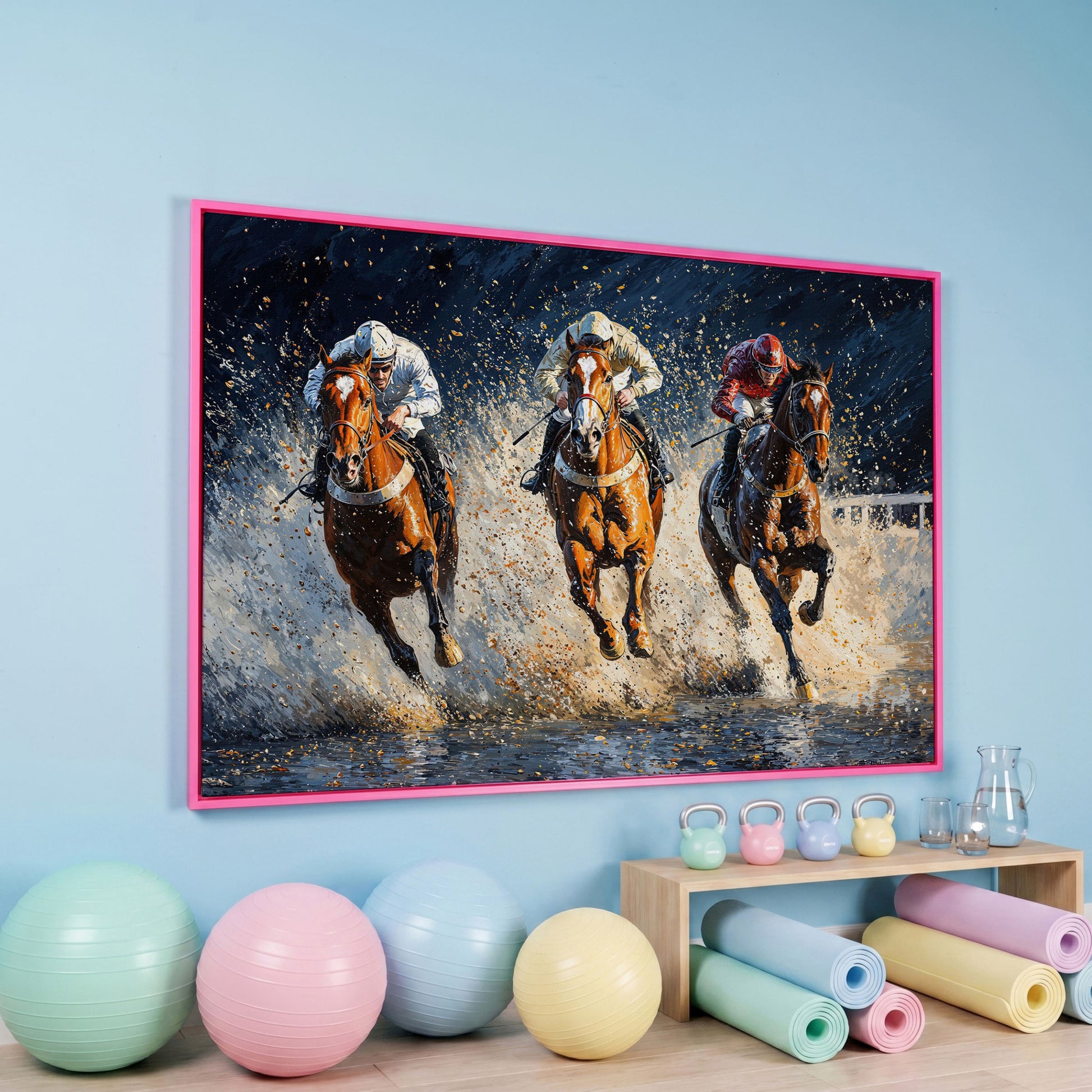 Galloping Horses with Racing Jockeys Canvas Print in pink floating frame