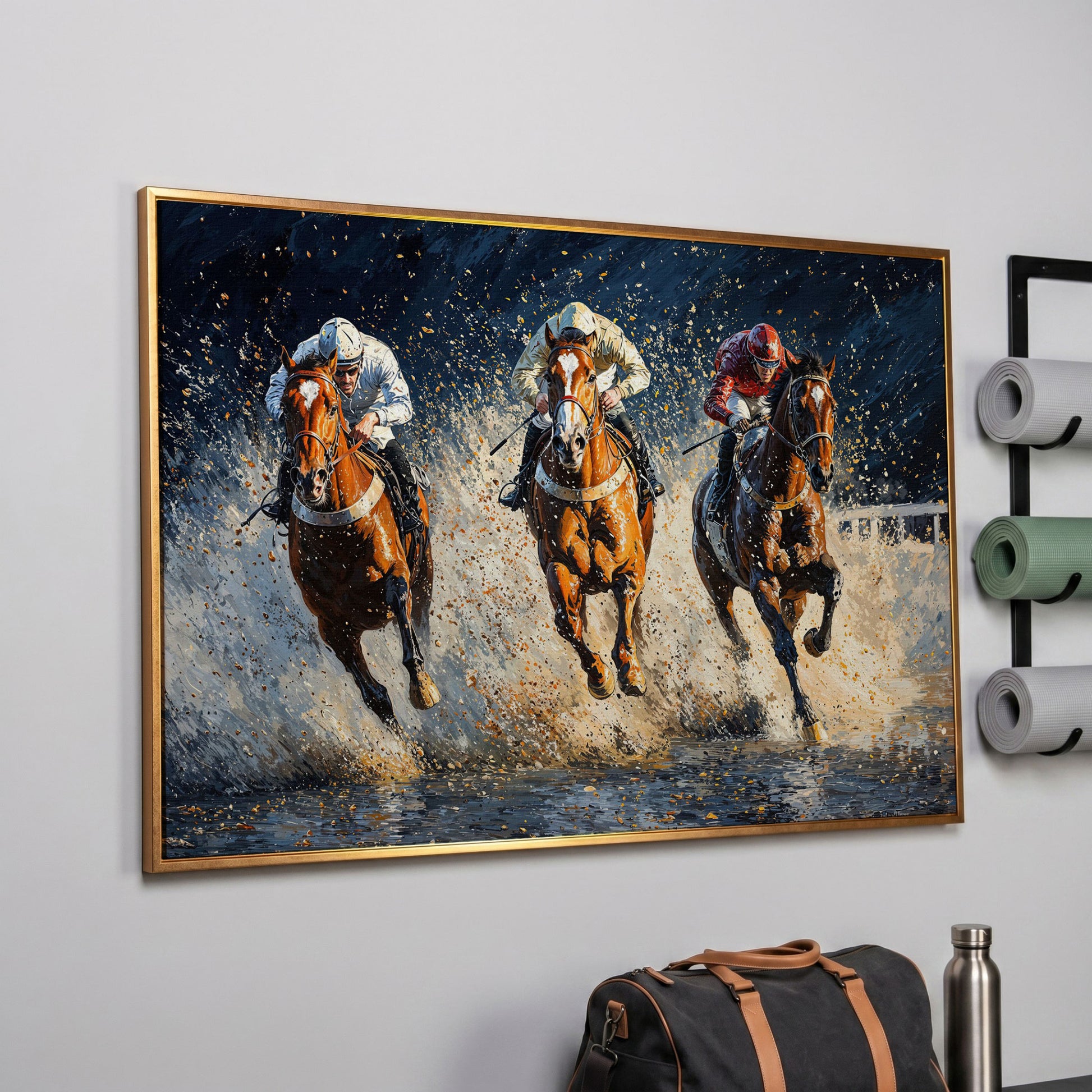 Galloping Horses with Racing Jockeys Canvas Print in rose gold floating frame