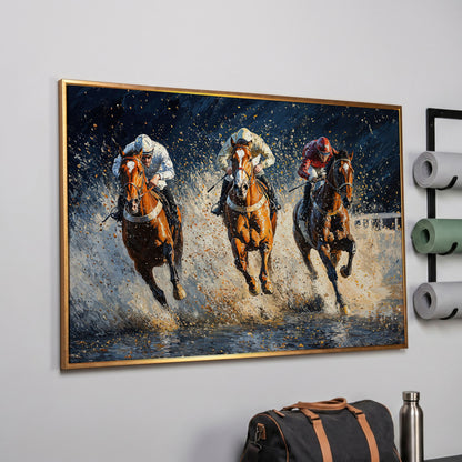 Galloping Horses with Racing Jockeys Canvas Print in rose gold floating frame