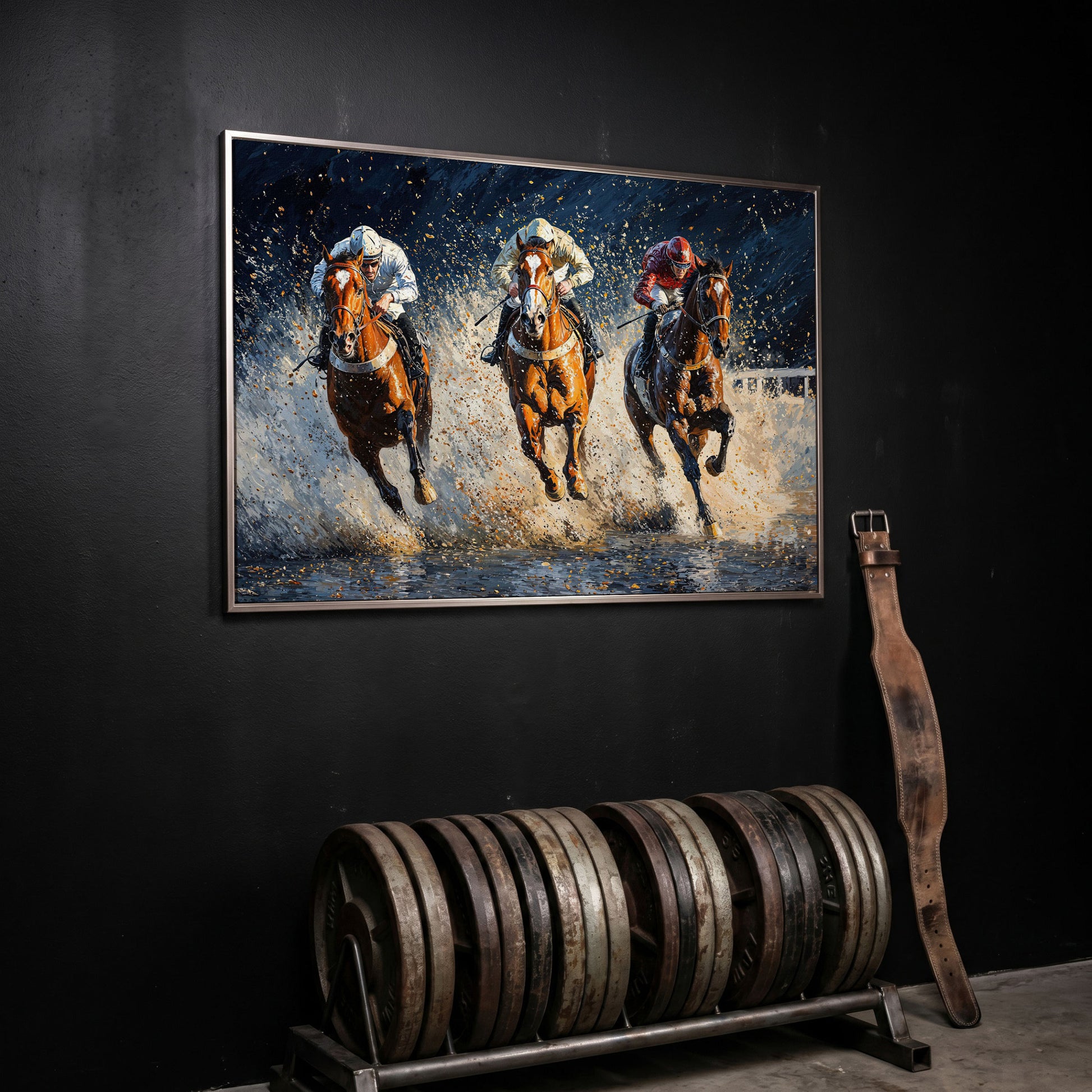 Galloping Horses with Racing Jockeys Canvas Print in silver floating frame