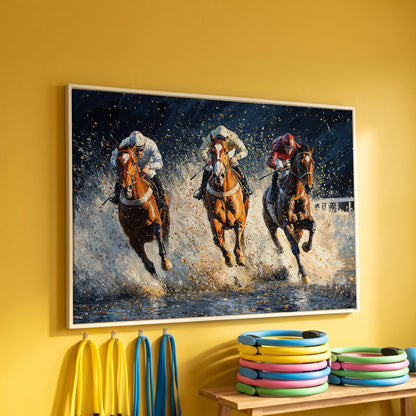 Galloping Horses with Racing Jockeys Canvas Print in white floating frame
