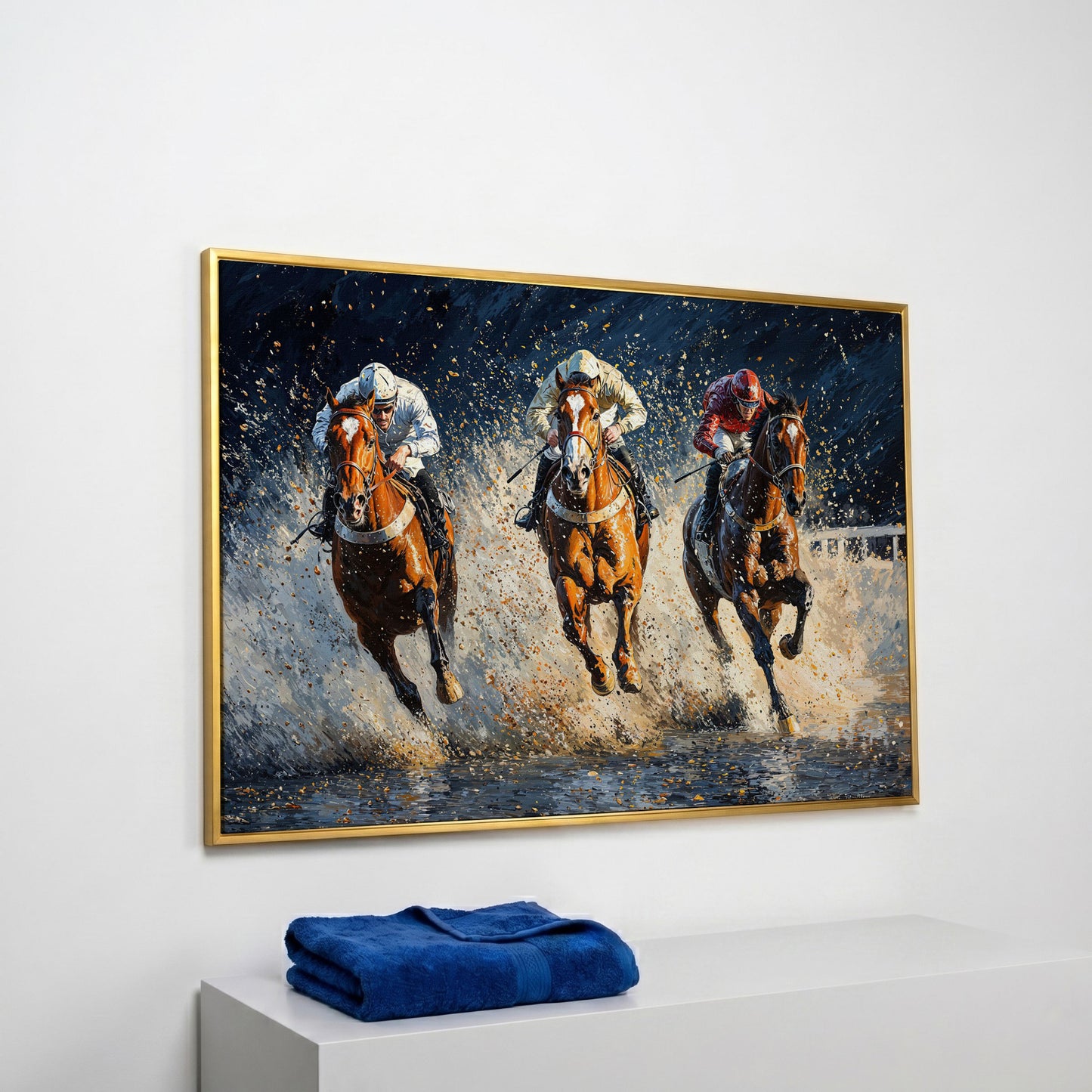Galloping Horses with Racing Jockeys Canvas Print in yellow gold floating frame
