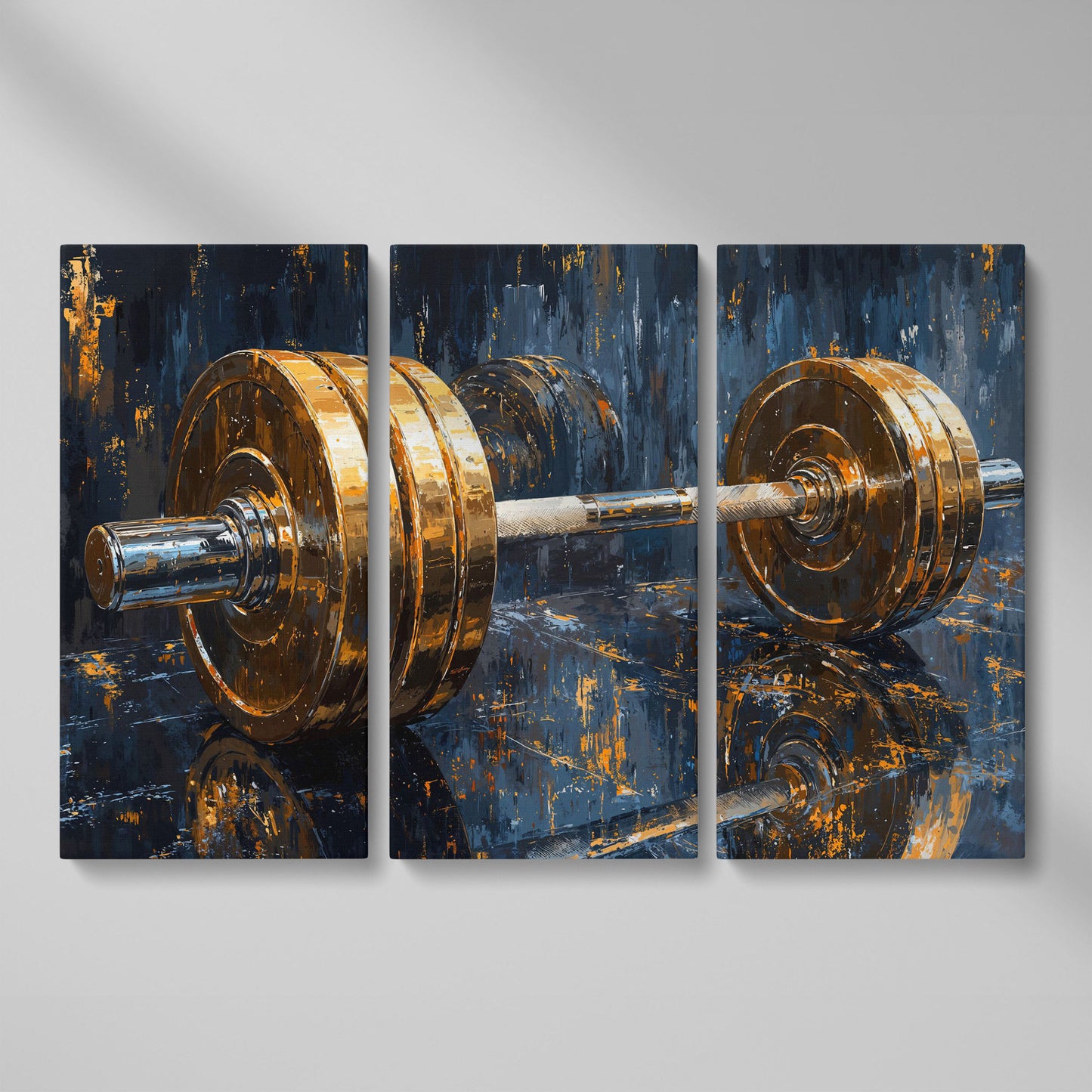 Barbell Abstract Canvas Print | Modern Gym Wall Art as 3-panel split version